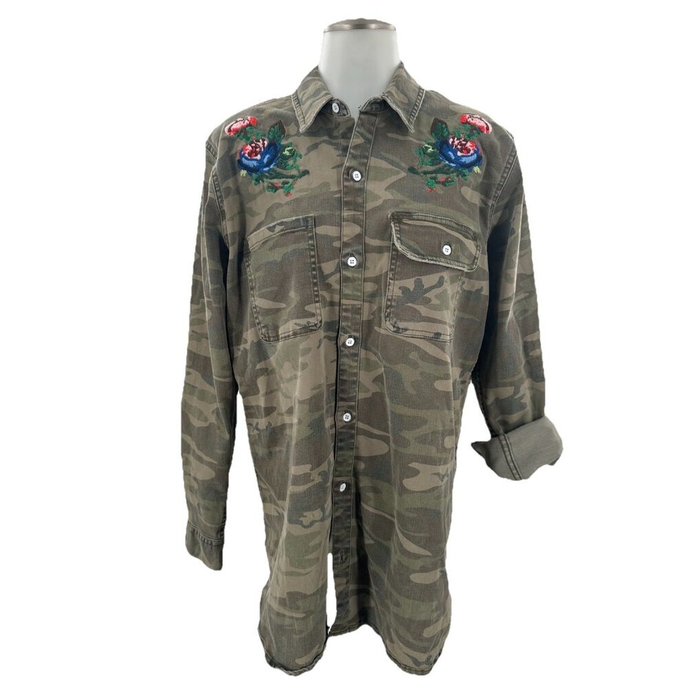 Lucky Brand Jacket Green Camo Military Floral Embroidered Hippie 70's Medium